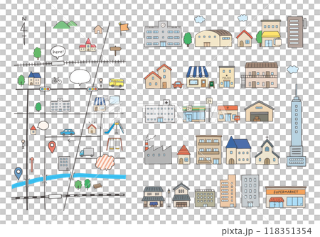 いろんな建物と地図の手描きイラストセット（カラー） 118351354
