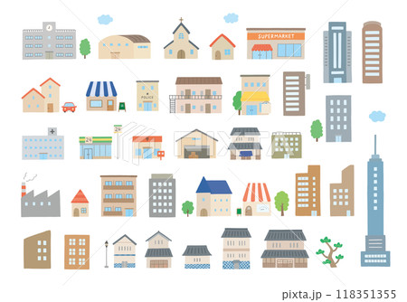 いろんな建物の手描きイラストセット（カラー/主線なし） 118351355