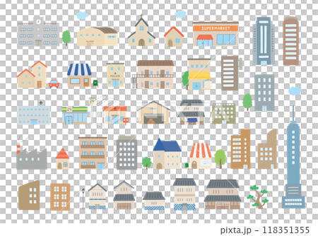 いろんな建物の手描きイラストセット（カラー/主線なし） 118351355