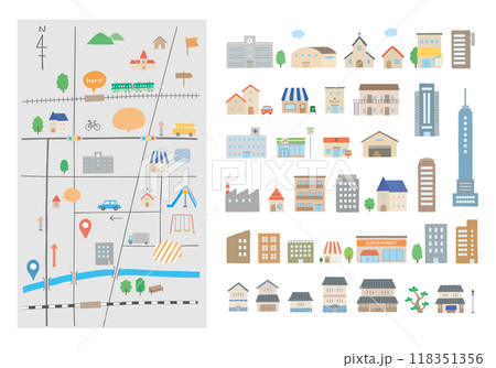 いろんな建物と地図の手描きイラストセット（カラー/主線なし） 118351356