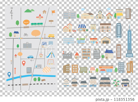 いろんな建物と地図の手描きイラストセット（カラー/主線なし） 118351356