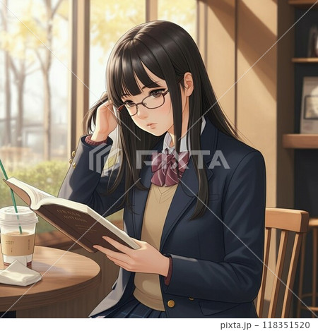 カフェで読書をする女子高生 118351520