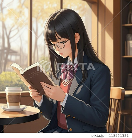 カフェで読書する女子高生 118351521