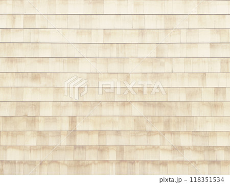 白木色の木目のある鱗張りの木の外壁の横長の背景画像 白木色の木目のある鱗張りの木の外壁の横長の背景画像 118351534