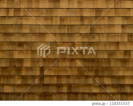 茶色の木目のある鱗張りの木の外壁の横長の背景画像 118351537