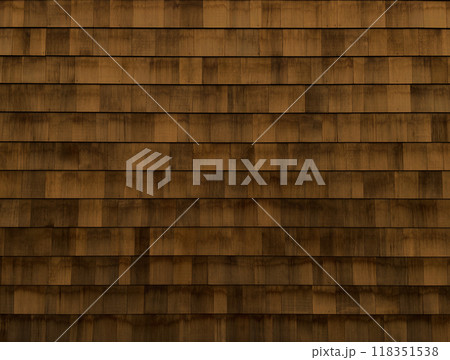 茶褐色の木目のある鱗張りの木の外壁の横長の背景画像 118351538