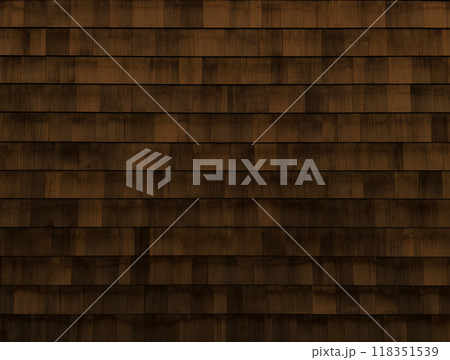 褐色の木目のある鱗張りの木の外壁の横長の背景画像 褐色の木目のある鱗張りの木の外壁の横長の背景画像 118351539