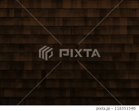 焦茶色の木目のある鱗張りの木の外壁の横長の背景画像 焦茶色の木目のある鱗張りの木の外壁の横長の背景画像 118351540