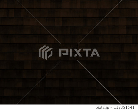 黒褐色の木目のある鱗張りの木の外壁の横長の背景画像 118351541