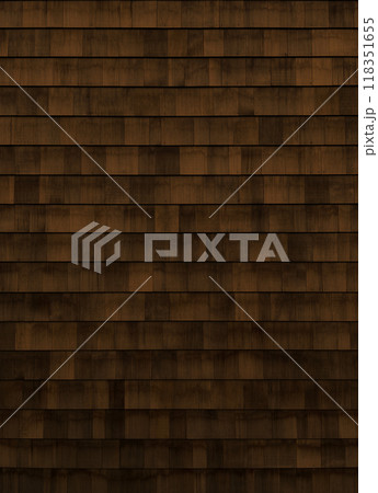 褐色の木目のある鱗張りの木の外壁の縦長の背景画像 118351655