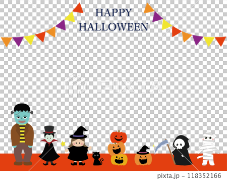 A cute and pop frame of Halloween costumes and garlands 118352166
