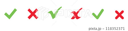 check mark icon button set. check box icon with right and wrong buttons and yes or no checkmark icons in green tick box and red cross vector. 118352371