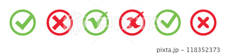 check mark icon button set. check box icon with right and wrong buttons and yes or no checkmark icons in green tick box and red cross vector. 118352373