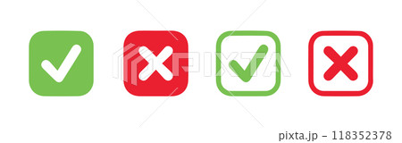 check mark icon button set. check box icon with right and wrong buttons and yes or no checkmark icons in green tick box and red cross vector. check mark icon button set. check box icon with right and wrong buttons and yes or no checkmark icons in green tick box and red cross vector. 118352378