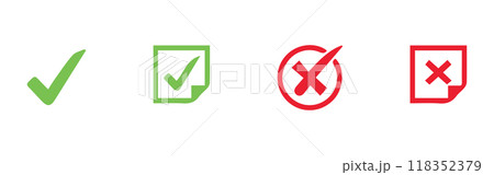 check mark icon button set. check box icon with right and wrong buttons and yes or no checkmark icons in green tick box and red cross vector. check mark icon button set. check box icon with right and wrong buttons and yes or no checkmark icons in green tick box and red cross vector. 118352379