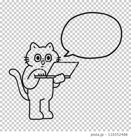 一隻滑稽的貓操作電腦和語音氣泡的線條畫 一隻滑稽的貓操作電腦和語音氣泡的線條畫 118352486
