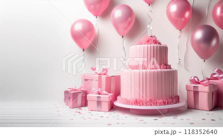 3D 誕生日 パーティー ケーキ 風船、ギフト 白背景 3D 誕生日 パーティー ケーキ 風船、ギフト 白背景 118352640