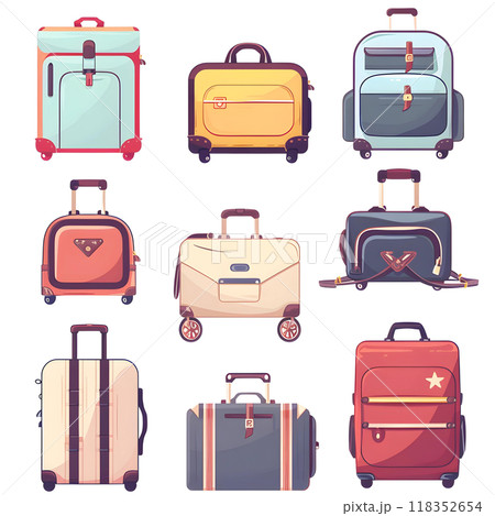 Set of colorful travel suitcases. Vector illustration isolated on white background. 118352654