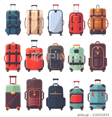 Set of colorful travel suitcases. Vector illustration isolated on white background. 118352655