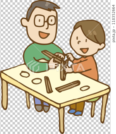 わりばしで工作する親子 118352664