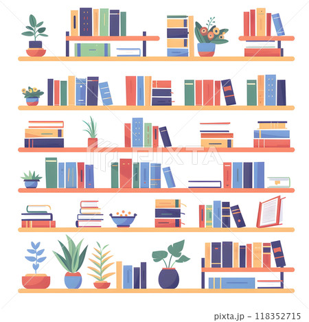 Bookshelf with books and potted plants. 118352715