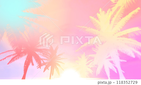 Tropical coconut trees silhouette 80s style background Tropical coconut trees silhouette 80s style background 118352729