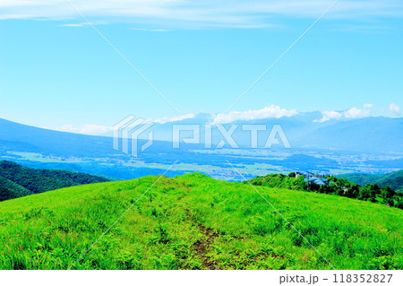 7月の霧ヶ峰高原からの車山と南アルプスと八島ヶ原湿原 信州の自然 信州の風景 7月の霧ヶ峰高原からの車山と南アルプスと八島ヶ原湿原 信州の自然 信州の風景 118352827