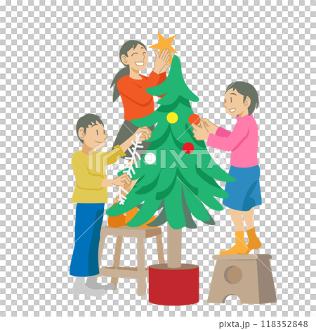 クリスマスツリーに飾り付けをする子供達 118352848