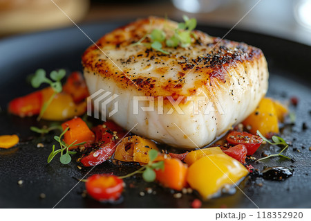 Delicious cod timbale served on a bed of sauteed colorful peppers, adorned with a micro mezclum mix 118352920