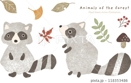 秋の森の植物とタヌキたちのかわいいイラスト 118353486