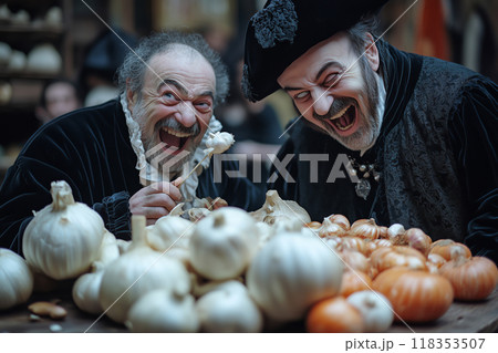 A daring vampire hunter attempts to ward off Dracula with a bouquet of garlic in an eerie candlelit lair filled with supplies 118353507