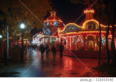A whimsical carnival with colorful lights and Dracula enjoying the festivities under a starry night sky 118353540