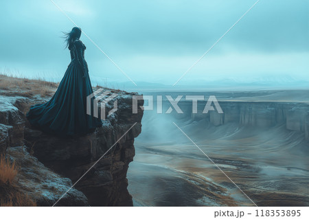 A solitary figure in a flowing dress gazes into...のイラスト素材 [118353895 ...