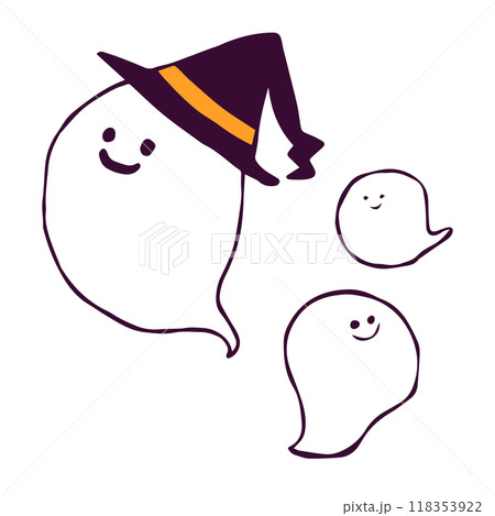 秋のイベント「ハロウィン」にぴったりな、ゆる可愛いオバケの手描きイラスト素材 118353922