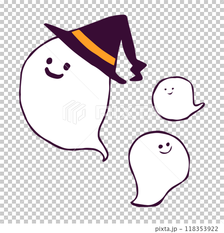 秋のイベント「ハロウィン」にぴったりな、ゆる可愛いオバケの手描きイラスト素材 118353922