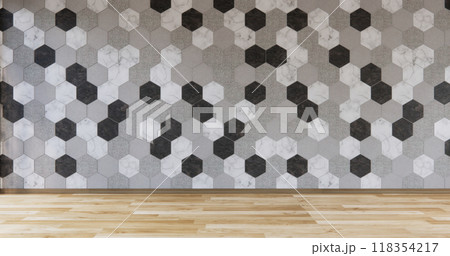 white and black hexagon tiles wall on wooden floor, Modern room minimalist.3D rendering 118354217