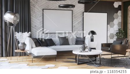 armchair sofa and decoration plants on hexagon tiles wall Modern room minimalist.3D rendering 118354255