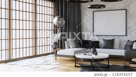 armchair sofa and decoration plants on hexagon tiles wall Modern room minimalist.3D rendering 118354257