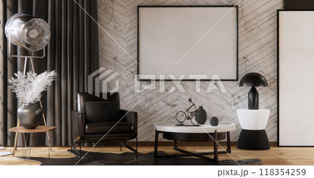 armchair sofa and decoration plants on hexagon tiles wall Modern room minimalist.3D rendering 118354259