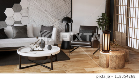 armchair sofa and decoration plants on hexagon tiles wall Modern room minimalist.3D rendering armchair sofa and decoration plants on hexagon tiles wall Modern room minimalist.3D rendering 118354269