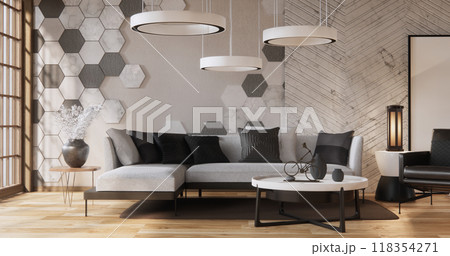 armchair sofa and decoration plants on hexagon tiles wall Modern room minimalist.3D rendering armchair sofa and decoration plants on hexagon tiles wall Modern room minimalist.3D rendering 118354271