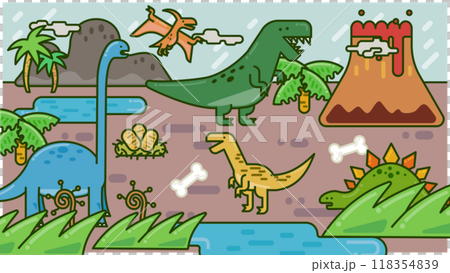 恐竜のティラノサウルス、ヴェロキラプトル、ブラキオサウルス、ステゴザウルス、プテラノドンのイラスト 恐竜のティラノサウルス、ヴェロキラプトル、ブラキオサウルス、ステゴザウルス、プテラノドンのイラスト 118354839