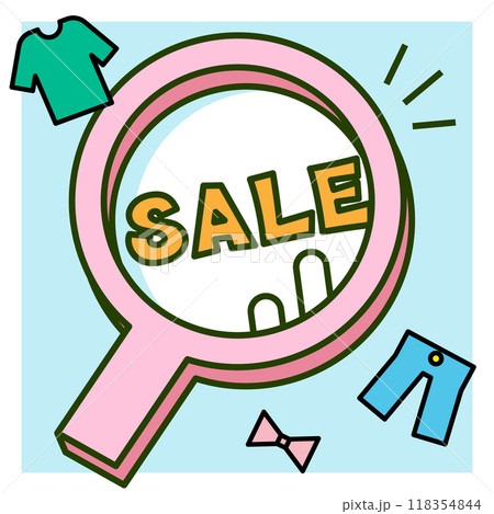 洋服のセールの文字を発見する虫眼鏡のイラスト 洋服のセールの文字を発見する虫眼鏡のイラスト 118354844