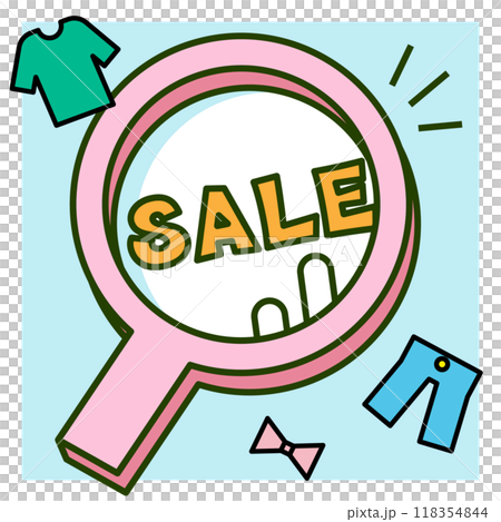 洋服のセールの文字を発見する虫眼鏡のイラスト 洋服のセールの文字を発見する虫眼鏡のイラスト 118354844