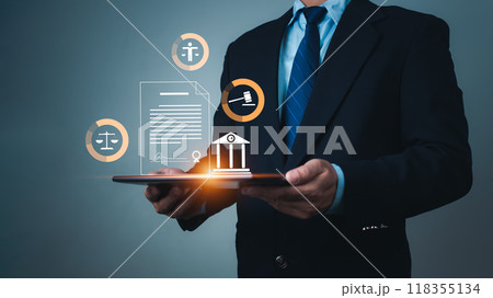 Businessman holding tablet and virtual global law icons on for business legal advice, Labor law, Lawyer, Attorney at law, Legal advice business concept, Lawyer icon, Lawyer man, Lawyer background. 118355134