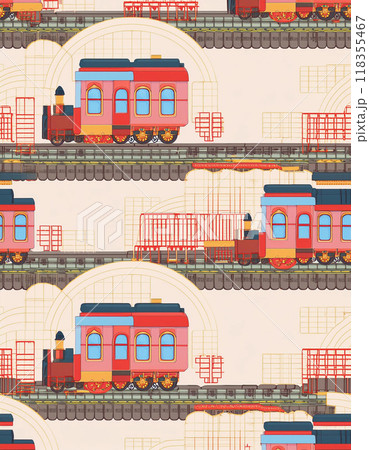 大正ロマンのシームレスでかわいいレトロな電車のパターン 大正ロマンのシームレスでかわいいレトロな電車のパターン 118355467