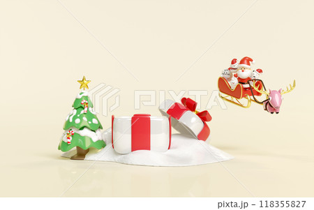 3d open gift box with santa claus and cute monster friends, reindeer, sleigh, pine tree isolated on cream color background. merry christmas, happy new year, 3d render illustration 3d open gift box with santa claus and cute monster friends, reindeer, sleigh, pine tree isolated on cream color background. merry christmas, happy new year, 3d render illustration 118355827