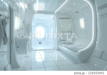 futuristic white space station style interior of bedroom 118355941