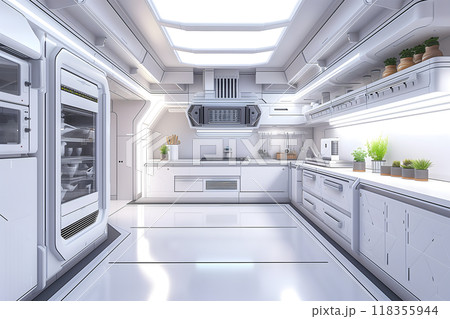 futuristic white space station style interior of kitchen room futuristic white space station style interior of kitchen room 118355944
