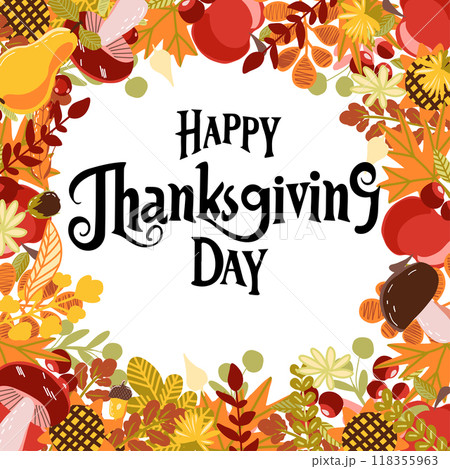 Thanksgiving Day vector greeting card. Hand drawn illustration. 118355963